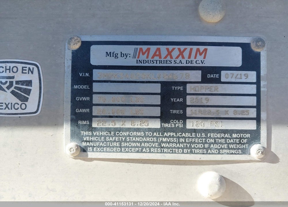 2019 MAXXIM INDUSTRIES S.A. TRAILER VIN: 3M9KS4028KL084678