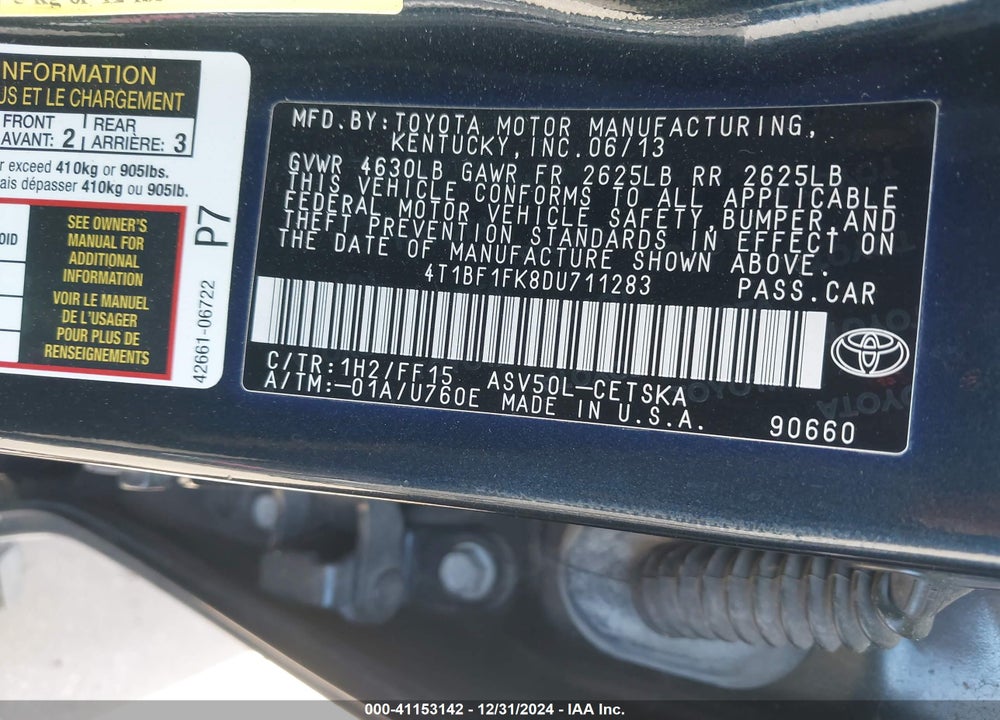2013 TOYOTA CAMRY SE VIN: 4T1BF1FK8DU711283