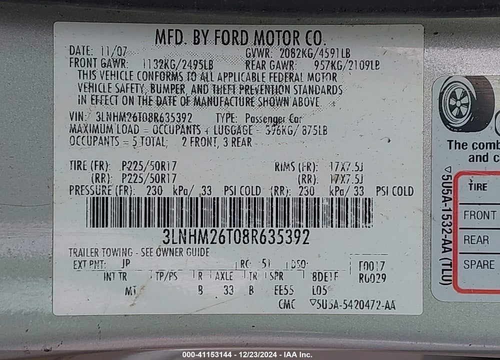 2008 LINCOLN MKZ VIN: 3LNHM26T08R635392