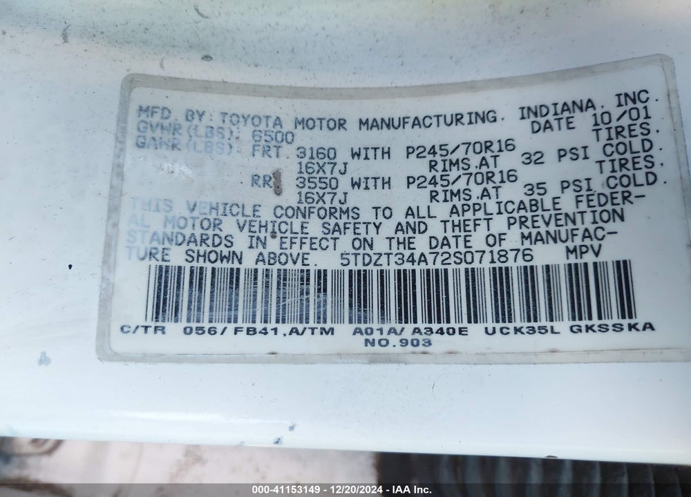 2002 TOYOTA SEQUOIA SR5 V8 VIN: 5TDZT34A72S071876