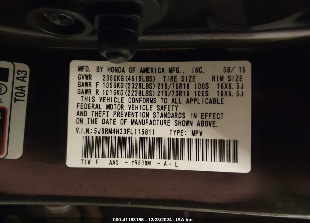 2015 HONDA CR-V LX VIN: 5J6RM4H33FL115811