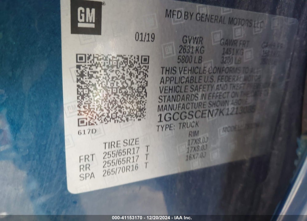 2019 CHEVROLET COLORADO VIN: 1GCGSCEN7K1213085
