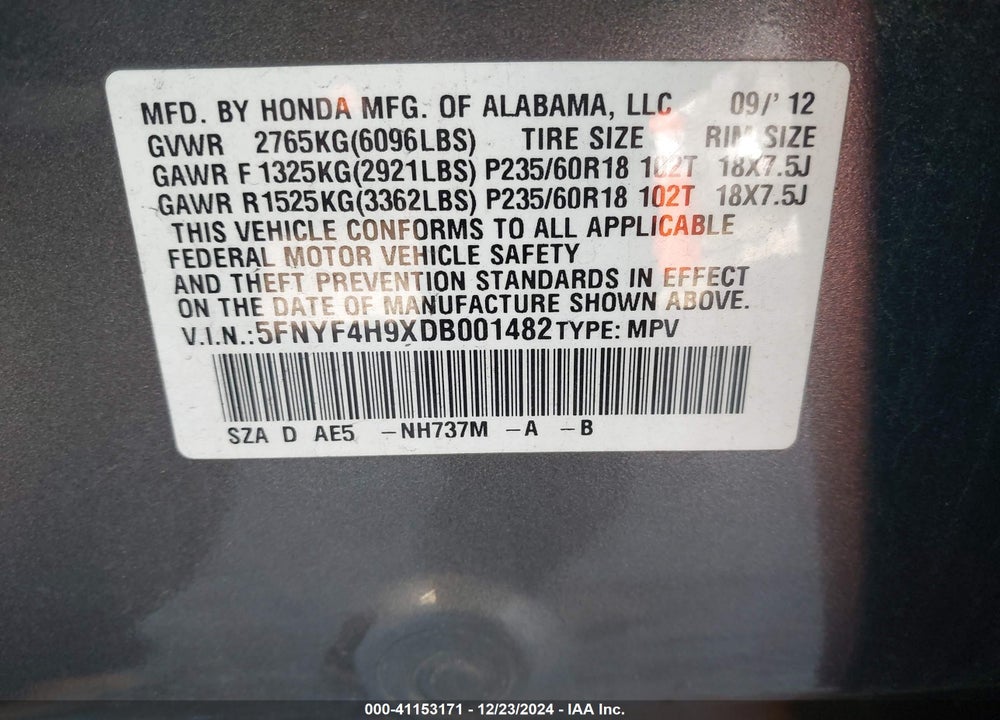 2013 HONDA PILOT TOURING VIN: 5FNYF4H9XDB001482