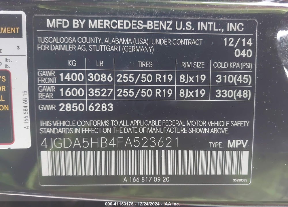 2015 MERCEDES-BENZ ML 350 VIN: 4JGDA5HB4FA523621