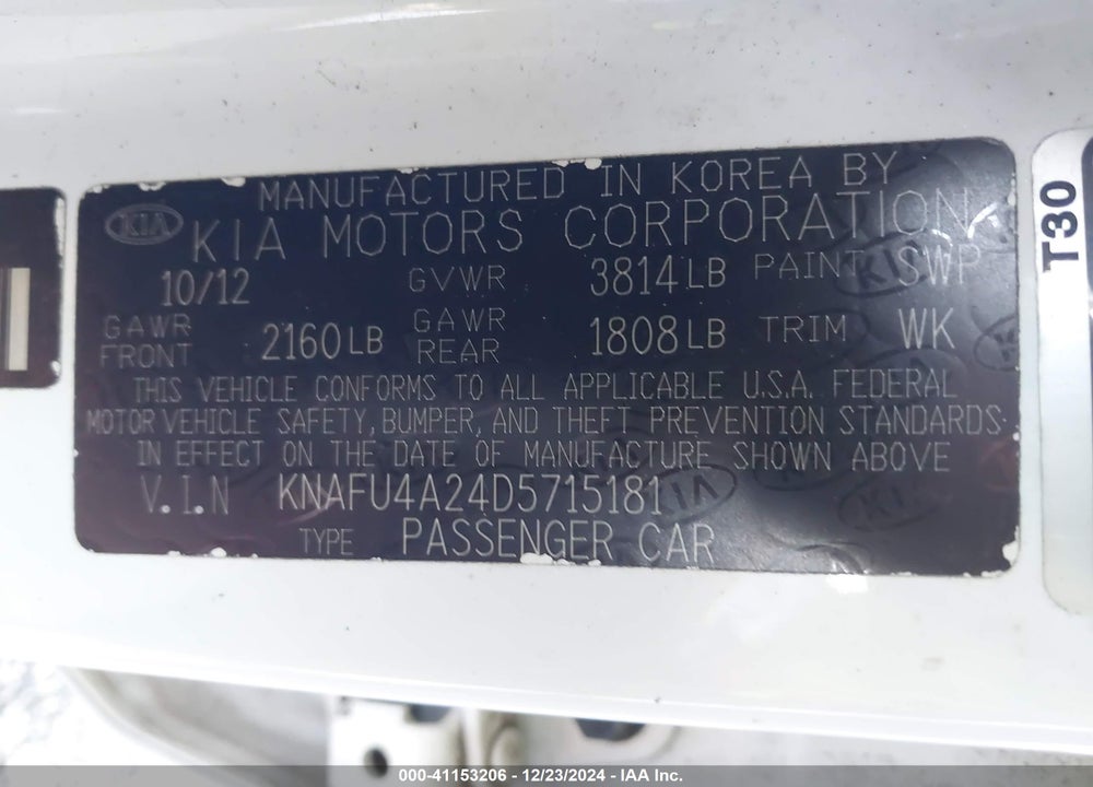 2013 KIA FORTE EX VIN: KNAFU4A24D5715181
