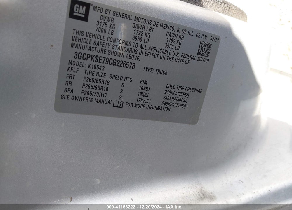 2012 CHEVROLET SILVERADO 1500 LT VIN: 3GCPKSE79CG226578
