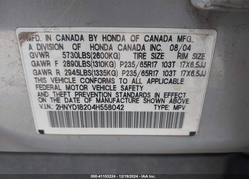 2004 ACURA MDX VIN: 2HNYD18204H558042