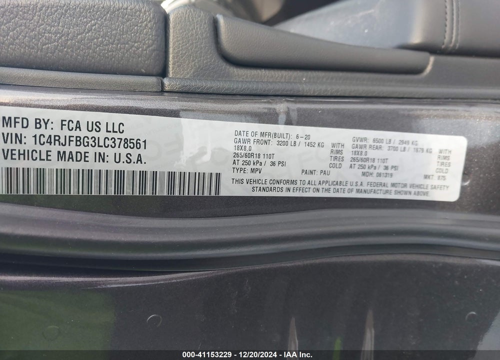 2020 JEEP GRAND CHEROKEE VIN: 1C4RJFBG3LC378561