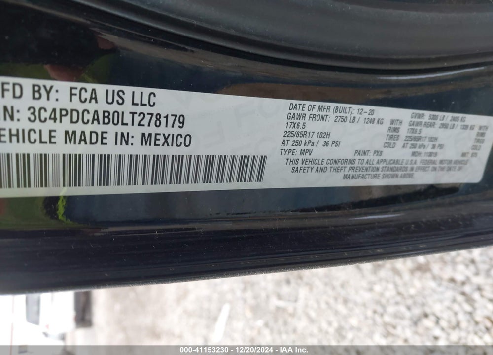 2020 DODGE JOURNEY SE VALUE VIN: 3C4PDCAB0LT278179