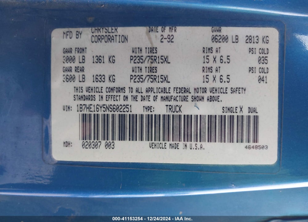 1992 DODGE D-SERIES D150 VIN: 1B7HE16Y5NS602251