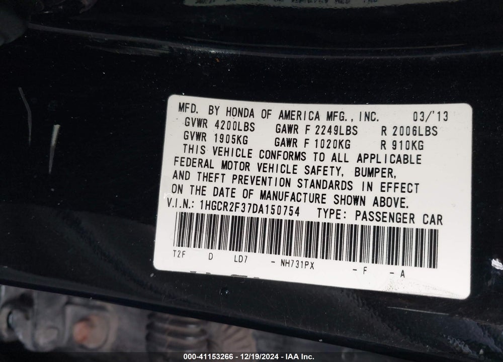 2013 HONDA ACCORD VIN: 1HGCR2F37DA150754
