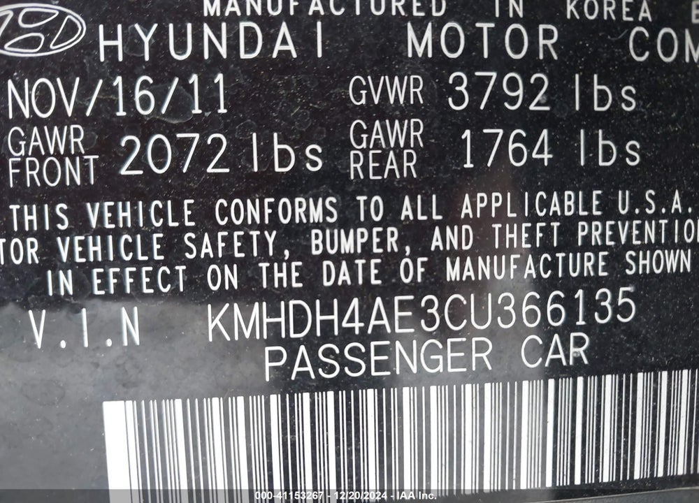 2012 HYUNDAI ELANTRA VIN: KMHDH4AE3CU366135