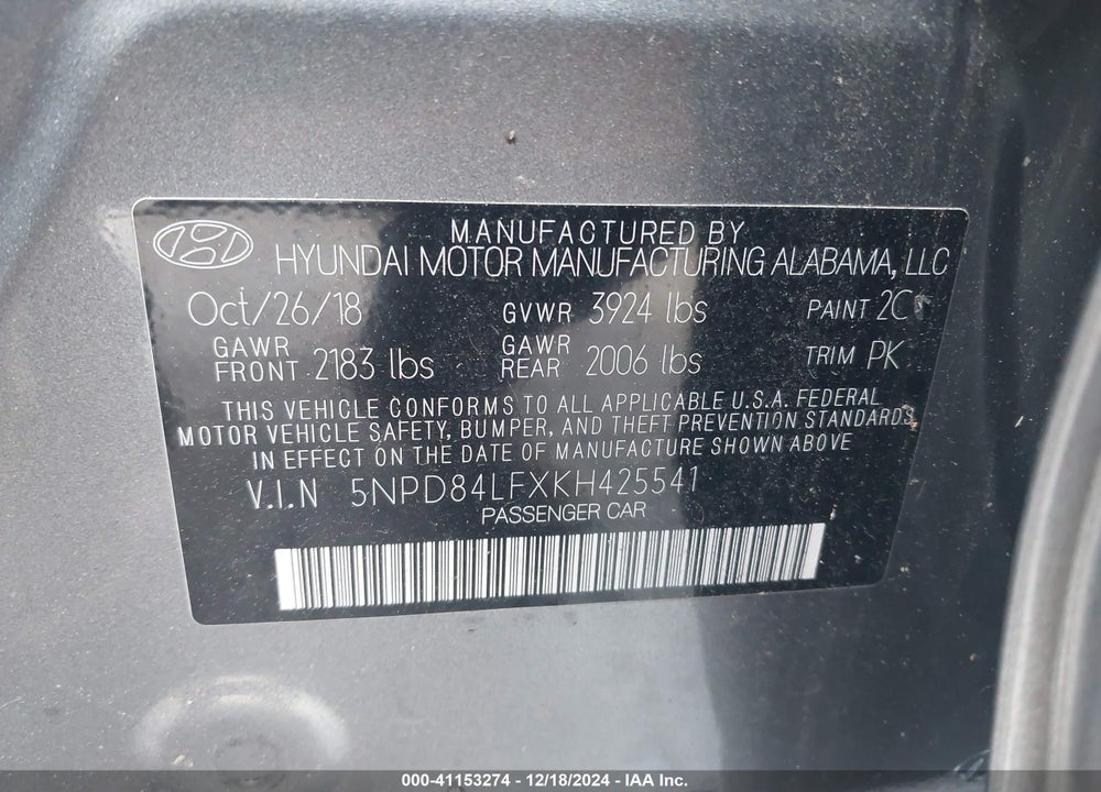 2019 HYUNDAI ELANTRA SEL VIN: 5NPD84LFXKH425541