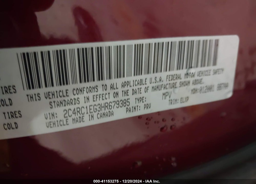 2017 CHRYSLER PACIFICA TOURING L PLUS VIN: 2C4RC1EG3HR679385