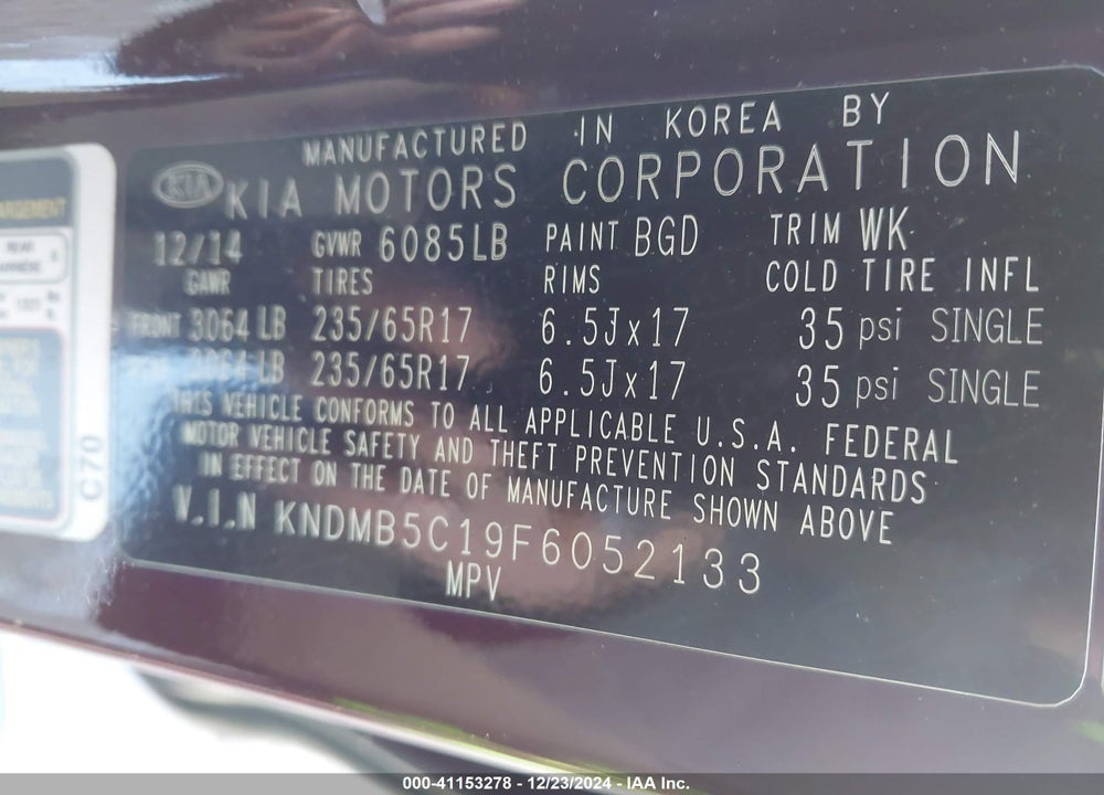 2015 KIA SEDONA LX VIN: KNDMB5C19F6052133