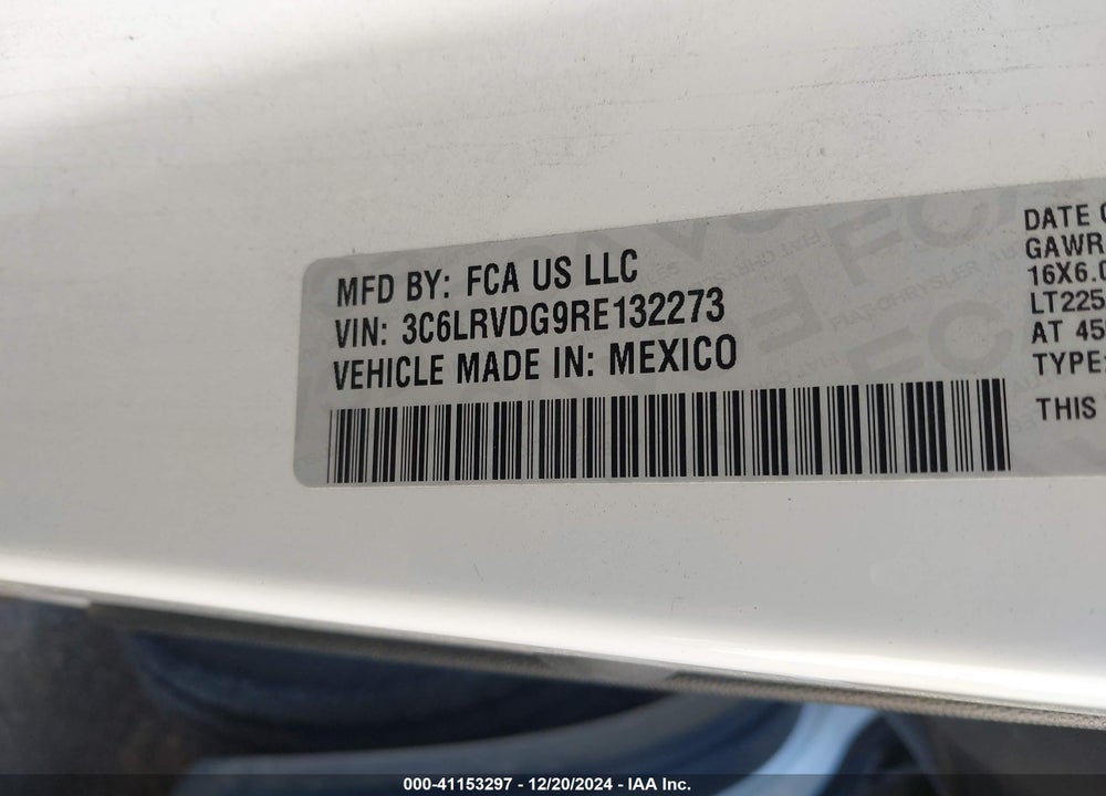 2024 RAM PROMASTER 2500 TRADESMAN HIGH ROOF 159 WB W/PASS SEAT VIN: 3C6LRVDG9RE132273