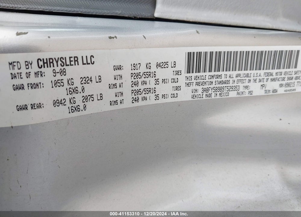 2009 CHRYSLER PT CRUISER TOURING VIN: 3A8FY58989T529353