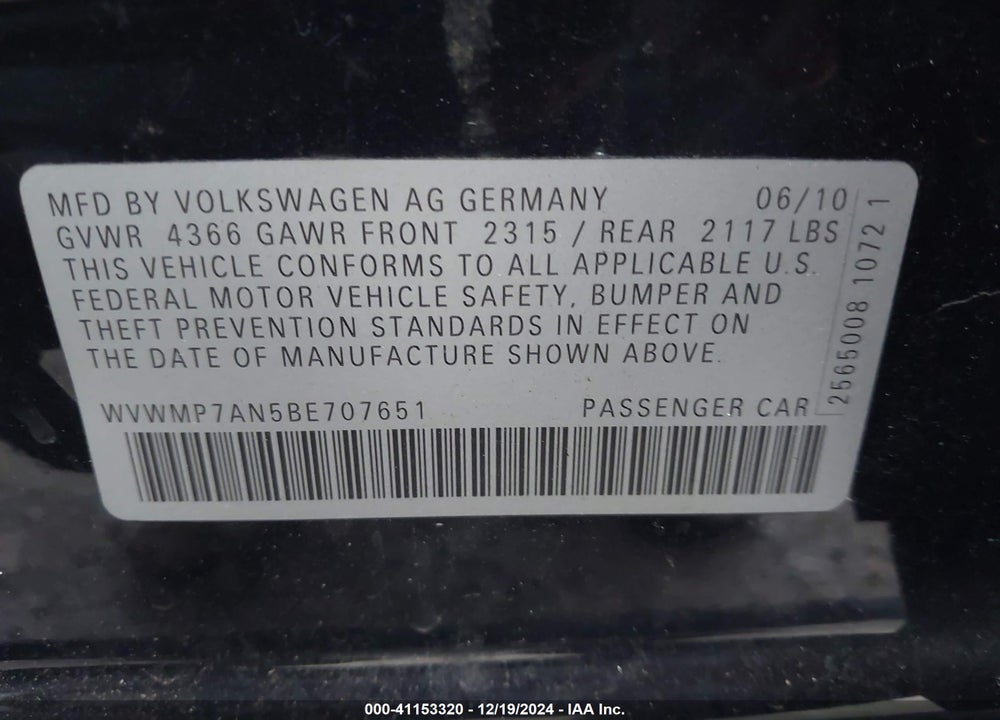 2011 VOLKSWAGEN CC VIN: WVWMP7AN5BE707651