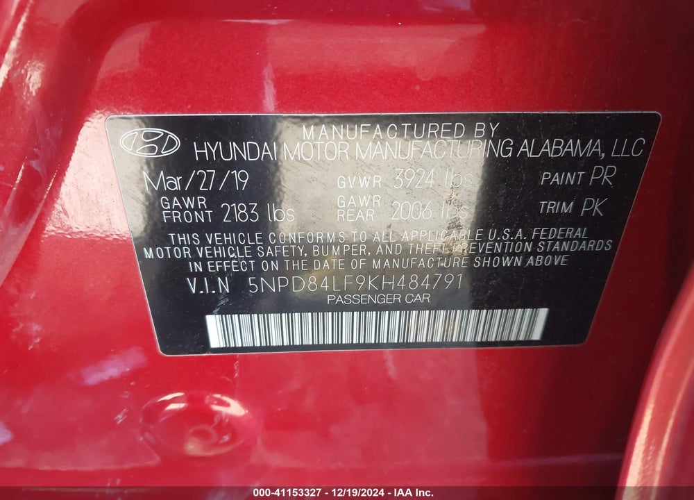 2019 HYUNDAI ELANTRA VIN: 5NPD84LF9KH484791