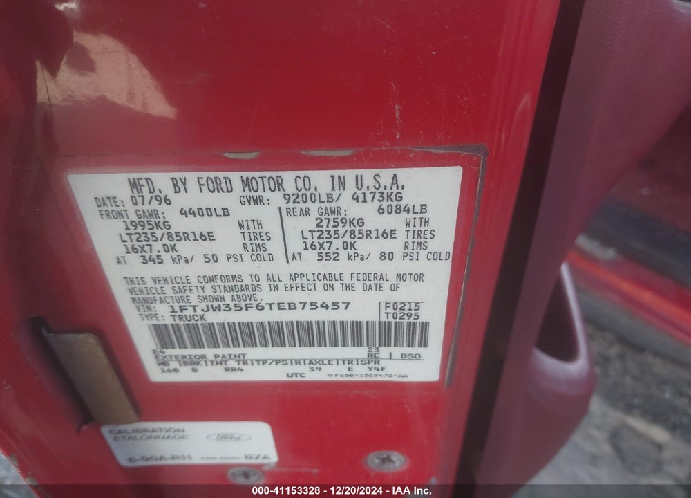 1996 FORD F350 VIN: 1FTJW35F6TEB75457