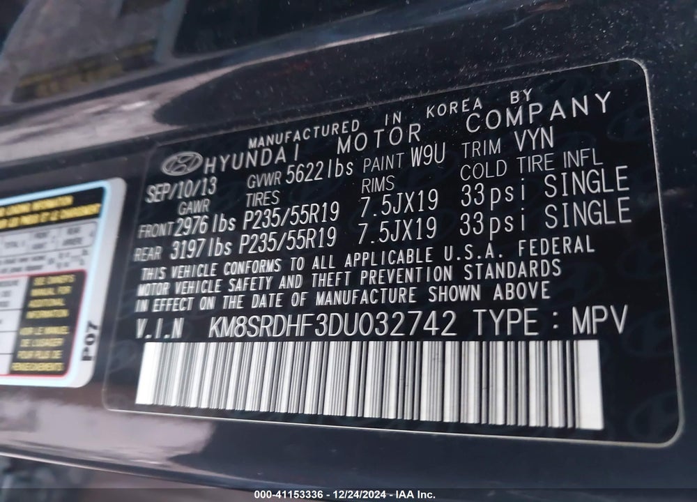 2013 HYUNDAI SANTA FE LIMITED VIN: KM8SRDHF3DU032742
