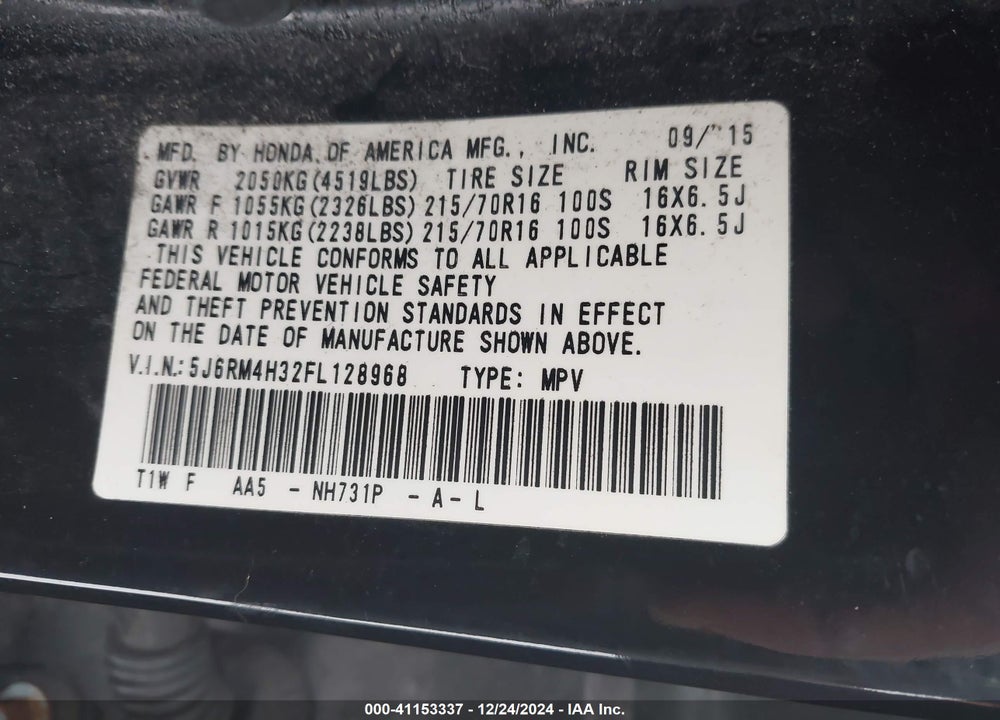 2015 HONDA CR-V VIN: 5J6RM4H32FL128968
