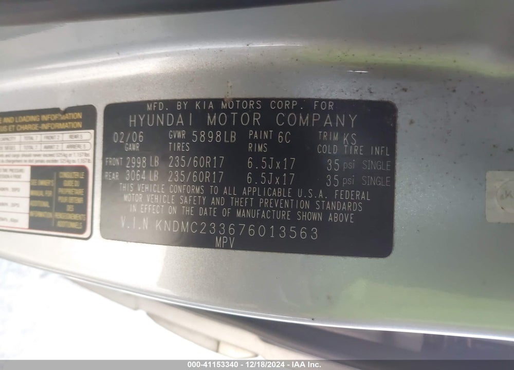 2007 HYUNDAI ENTOURAGE GLS/LIMITED/SE VIN: KNDMC233676013563