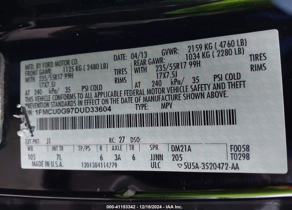 2013 FORD ESCAPE SE VIN: 1FMCU0G97DUD33604