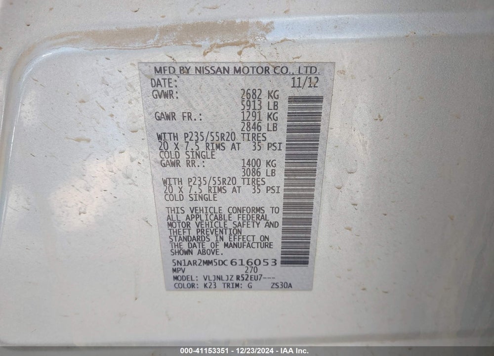 2013 NISSAN PATHFINDER PLATINUM VIN: 5N1AR2MM5DC616053