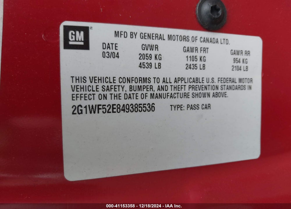 2004 CHEVROLET IMPALA VIN: 2G1WF52E849385536