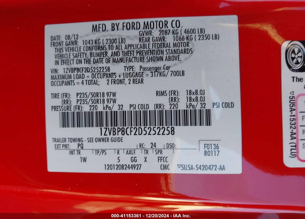 2013 FORD MUSTANG GT VIN: 1ZVBP8CF2D5252258