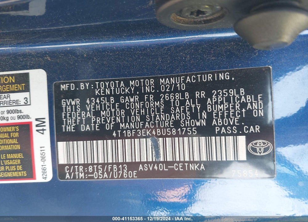 2011 TOYOTA CAMRY LE VIN: 4T1BF3EK4BU581755