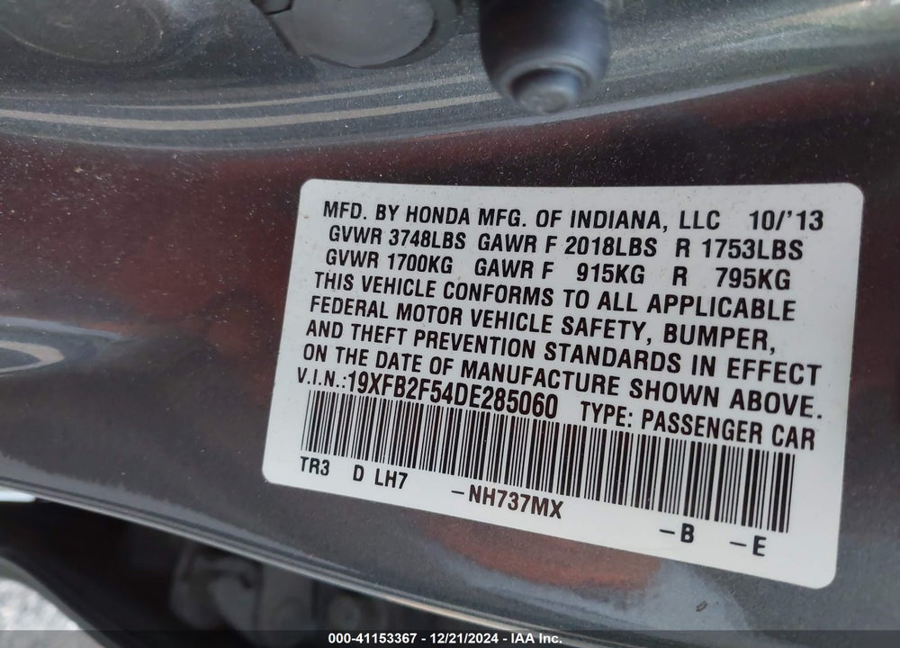 2013 HONDA CIVIC LX VIN: 19XFB2F54DE285060