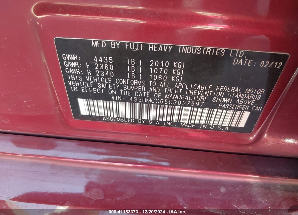 2012 SUBARU LEGACY VIN: 4S3BMCC65C3027597