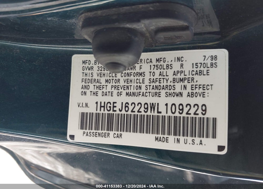 1998 HONDA CIVIC DX VIN: 1HGEJ6229WL109229
