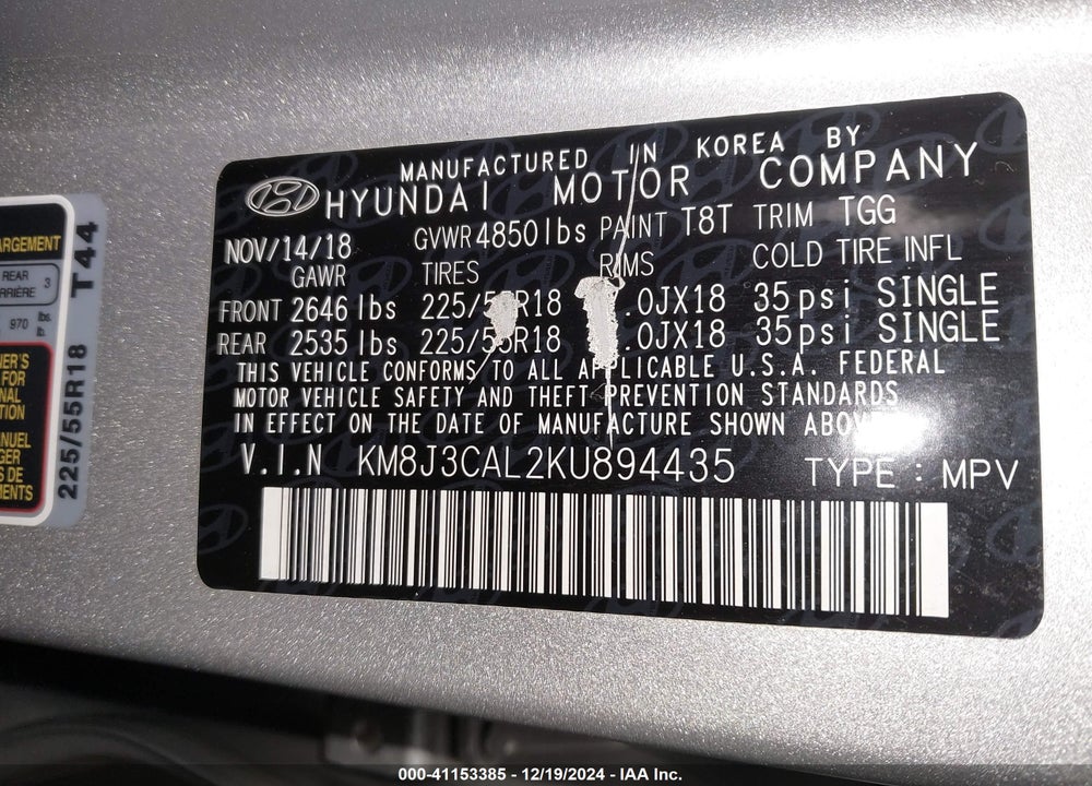 2019 HYUNDAI TUCSON SEL VIN: KM8J3CAL2KU894435