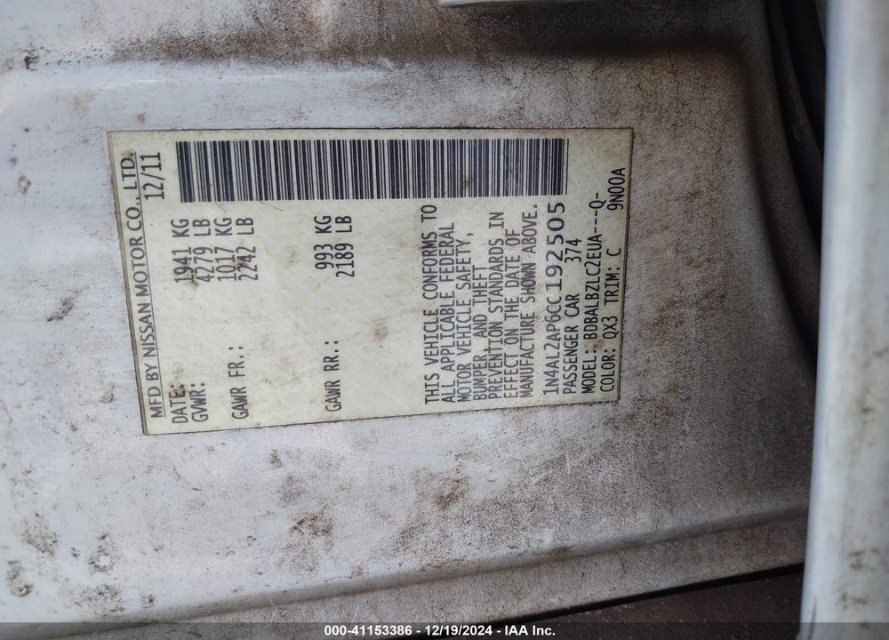 2012 NISSAN ALTIMA 2.5 S VIN: 1N4AL2AP6CC192505