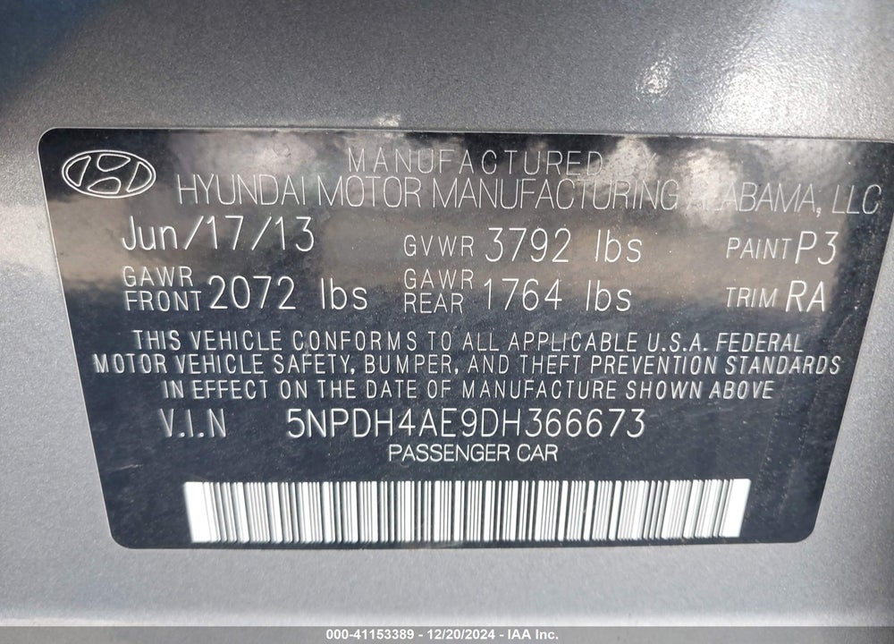 2013 HYUNDAI ELANTRA GLS VIN: 5NPDH4AE9DH366673