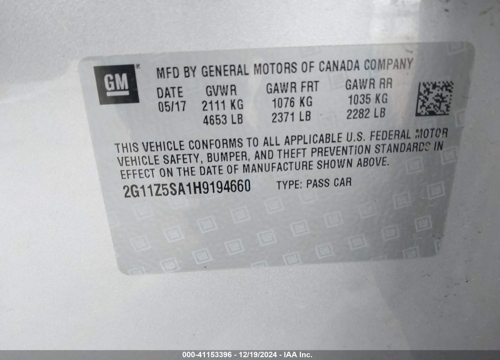 2017 CHEVROLET IMPALA VIN: 2G11Z5SA1H9194660