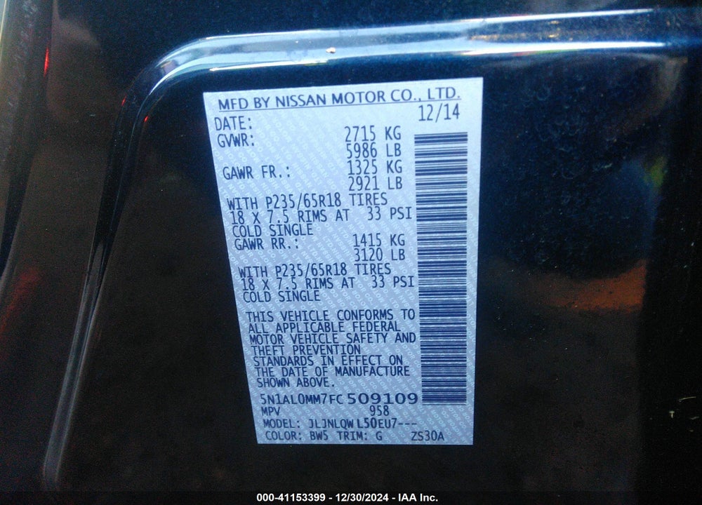 2015 INFINITI QX60 VIN: 5N1AL0MM7FC509109
