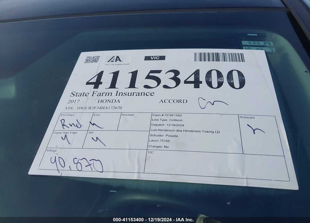 2017 HONDA ACCORD VIN: 1HGCR2F34HA172670
