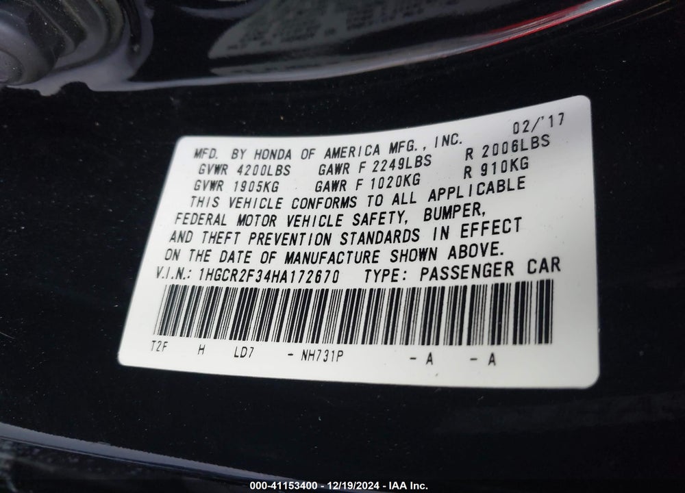2017 HONDA ACCORD VIN: 1HGCR2F34HA172670