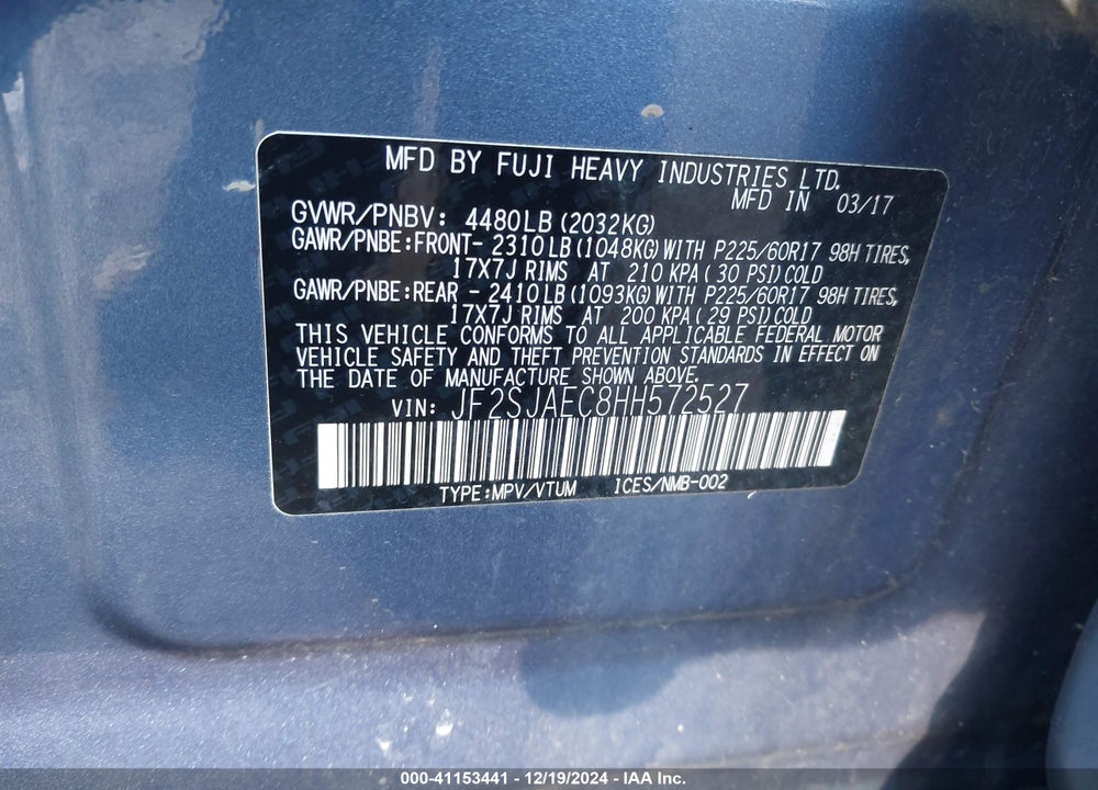 2017 SUBARU FORESTER 2.5I PREMIUM VIN: JF2SJAEC8HH572527