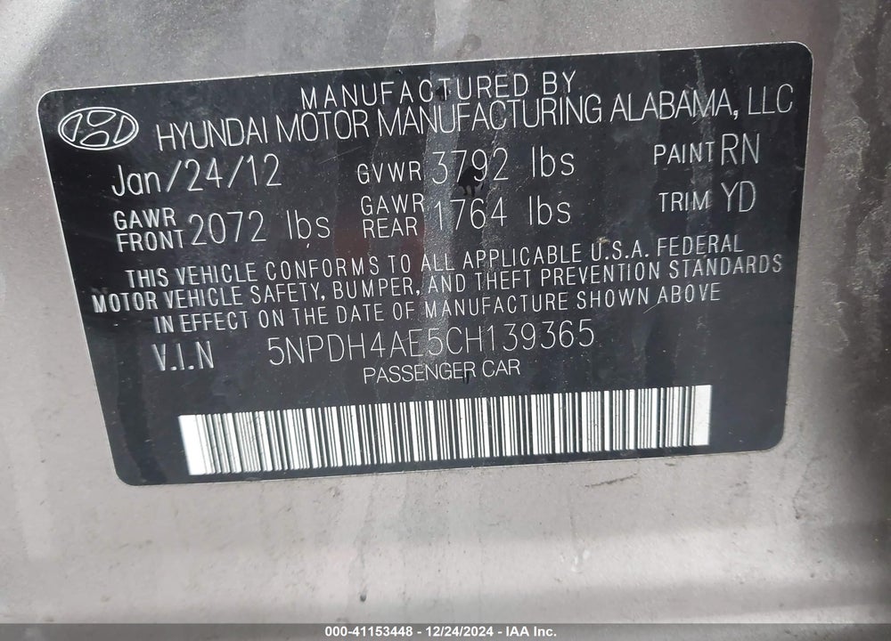 2012 HYUNDAI ELANTRA VIN: 5NPDH4AE5CH139365