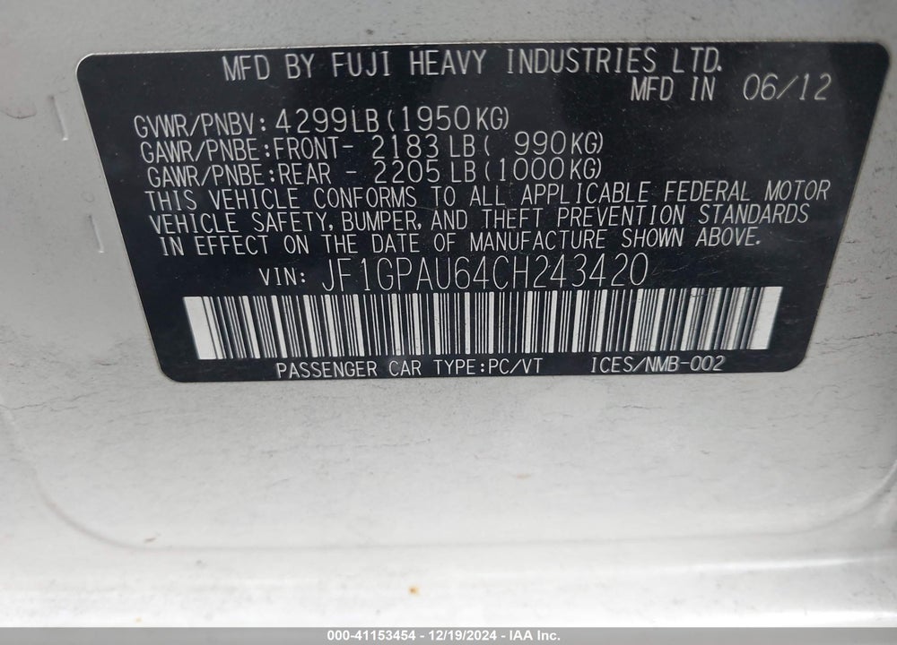 2012 SUBARU IMPREZA VIN: JF1GPAU64CH243420