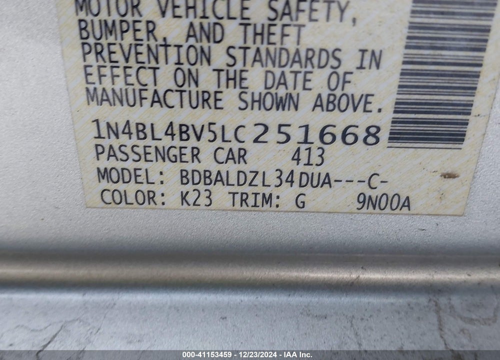 2020 NISSAN ALTIMA S FWD VIN: 1N4BL4BV5LC251668