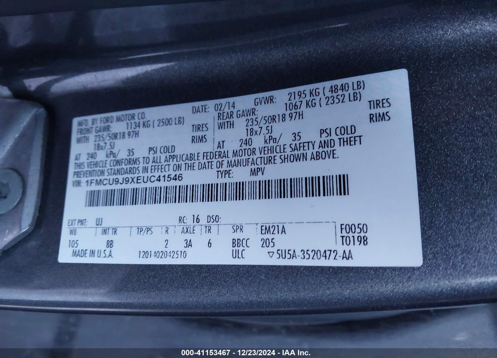 2014 FORD ESCAPE TITANIUM VIN: 1FMCU9J9XEUC41546