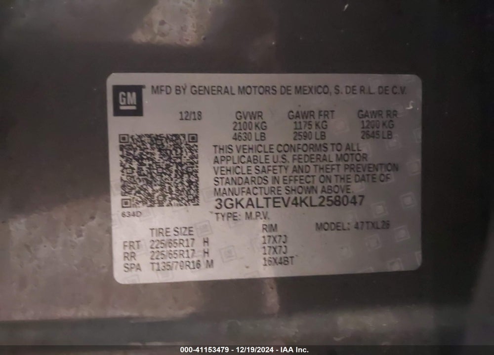 2019 GMC TERRAIN SLE VIN: 3GKALTEV4KL258047