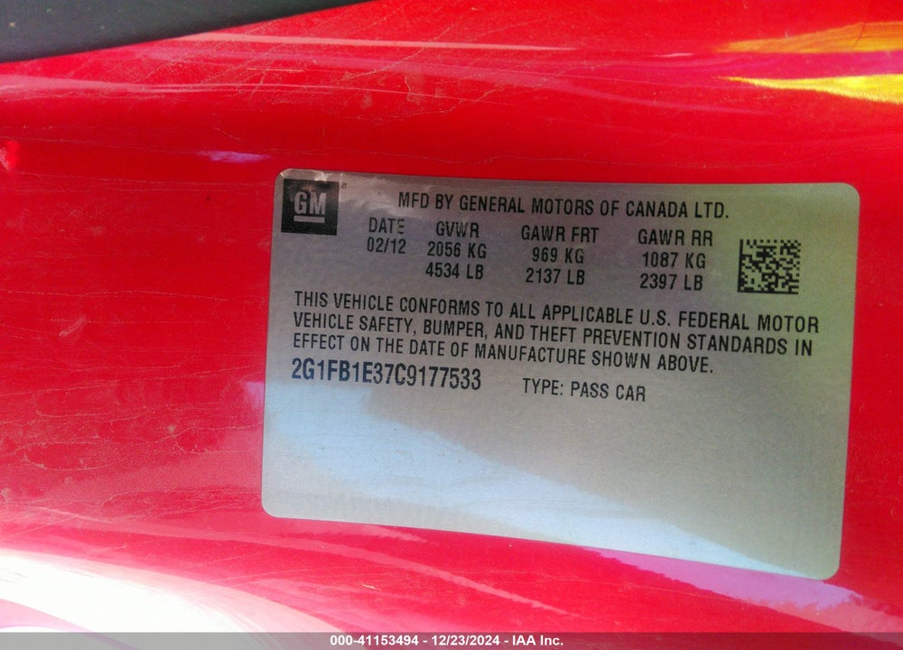 2012 CHEVROLET CAMARO 1LT VIN: 2G1FB1E37C9177533