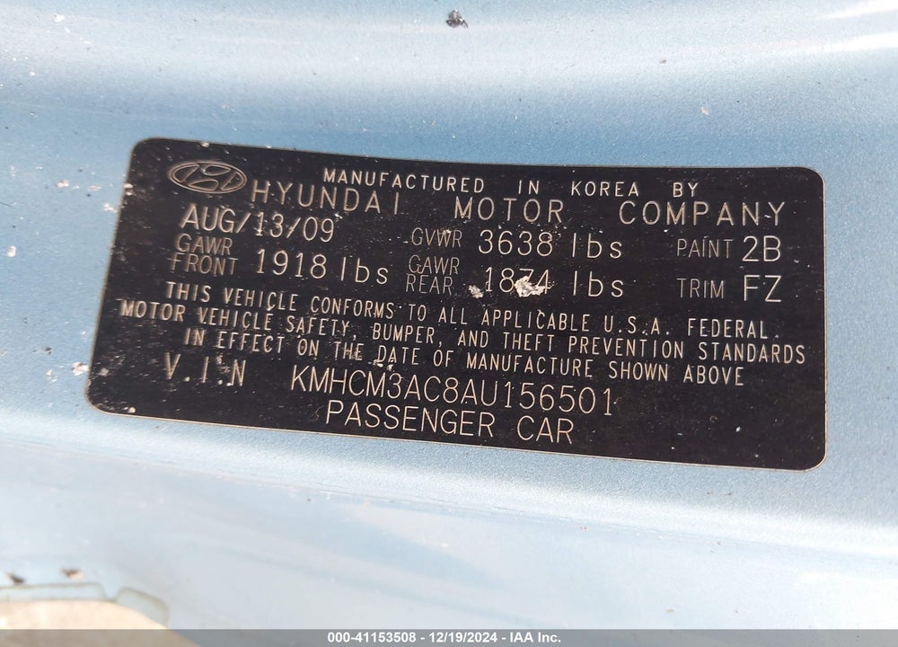 2010 HYUNDAI ACCENT GS VIN: KMHCM3AC8AU156501